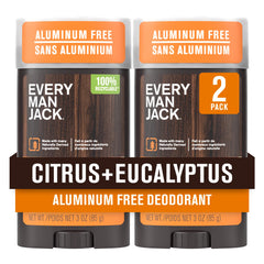 Every Man Jack front packaging showing two citrus eucalyptus sticks and brand clarity benefit
