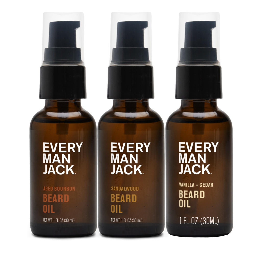 Every Man Jack gift set front packaging showing three beard oil bottles and benefits