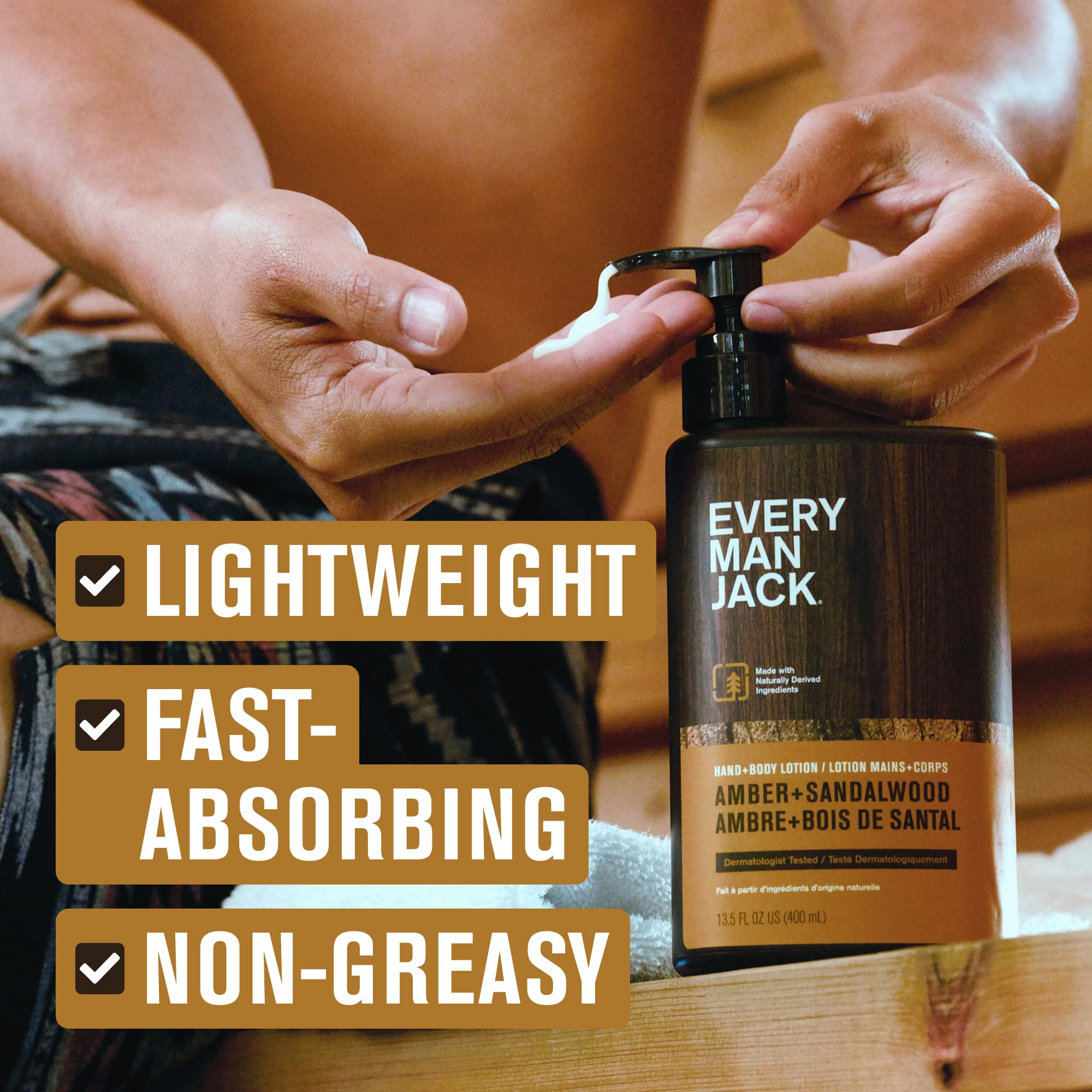 Every Man Jack lotion on hand demonstrating fast absorption benefit