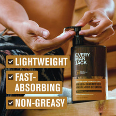 Every Man Jack lotion on hand demonstrating fast absorption benefit