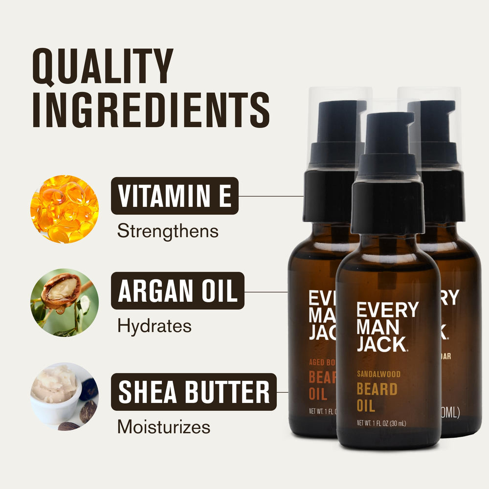 Every Man Jack beard oil droplet texture close-up demonstrating lightweight absorption