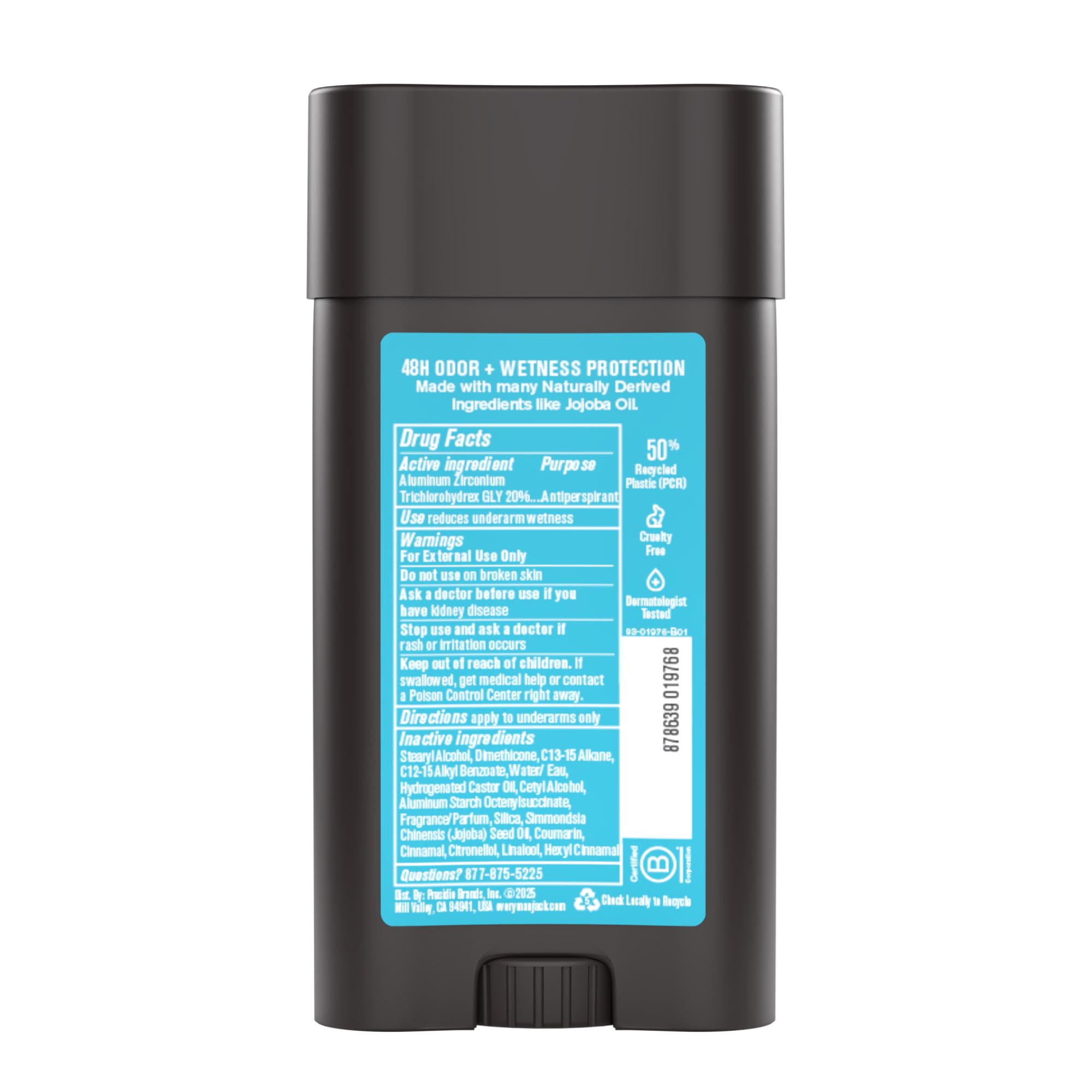 Every Man Jack stick beside shirt illustrating odor protection and clothing-safe benefit