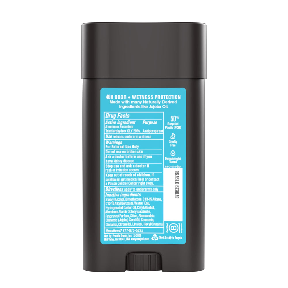 Every Man Jack stick beside shirt illustrating odor protection and clothing-safe benefit