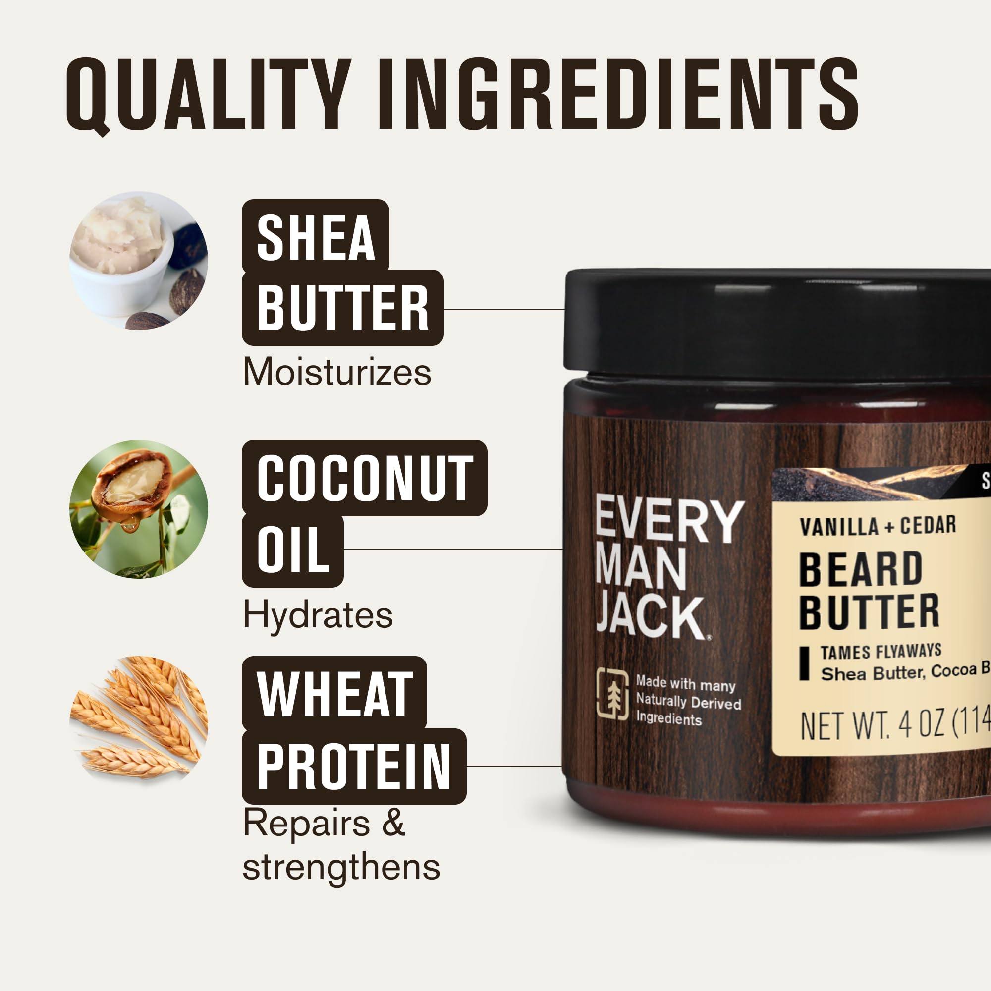 Every Man Jack three jars lined with readable scent labels for quick scent selection benefit