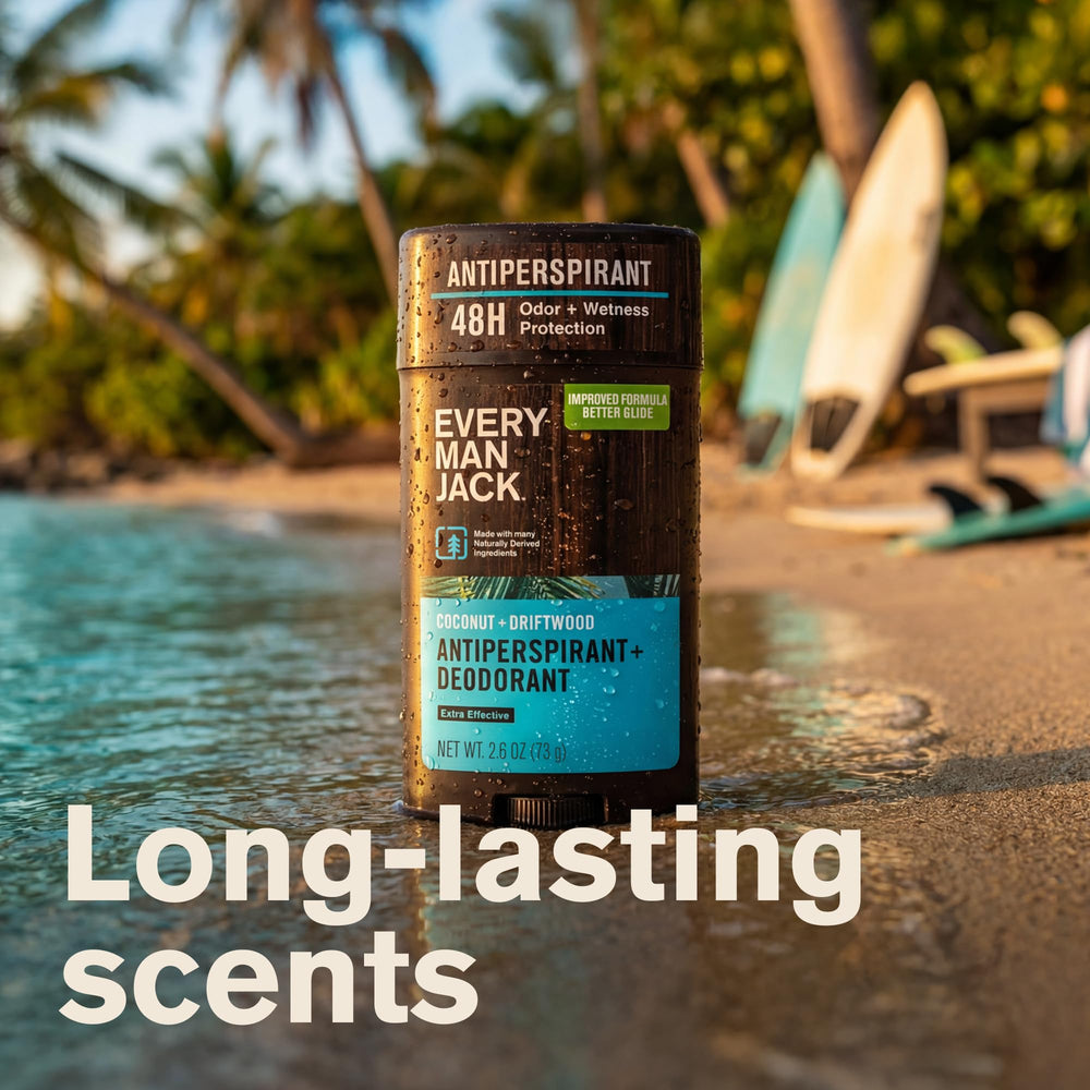 Every Man Jack two-pack beside common items showing travel-ready convenience benefit