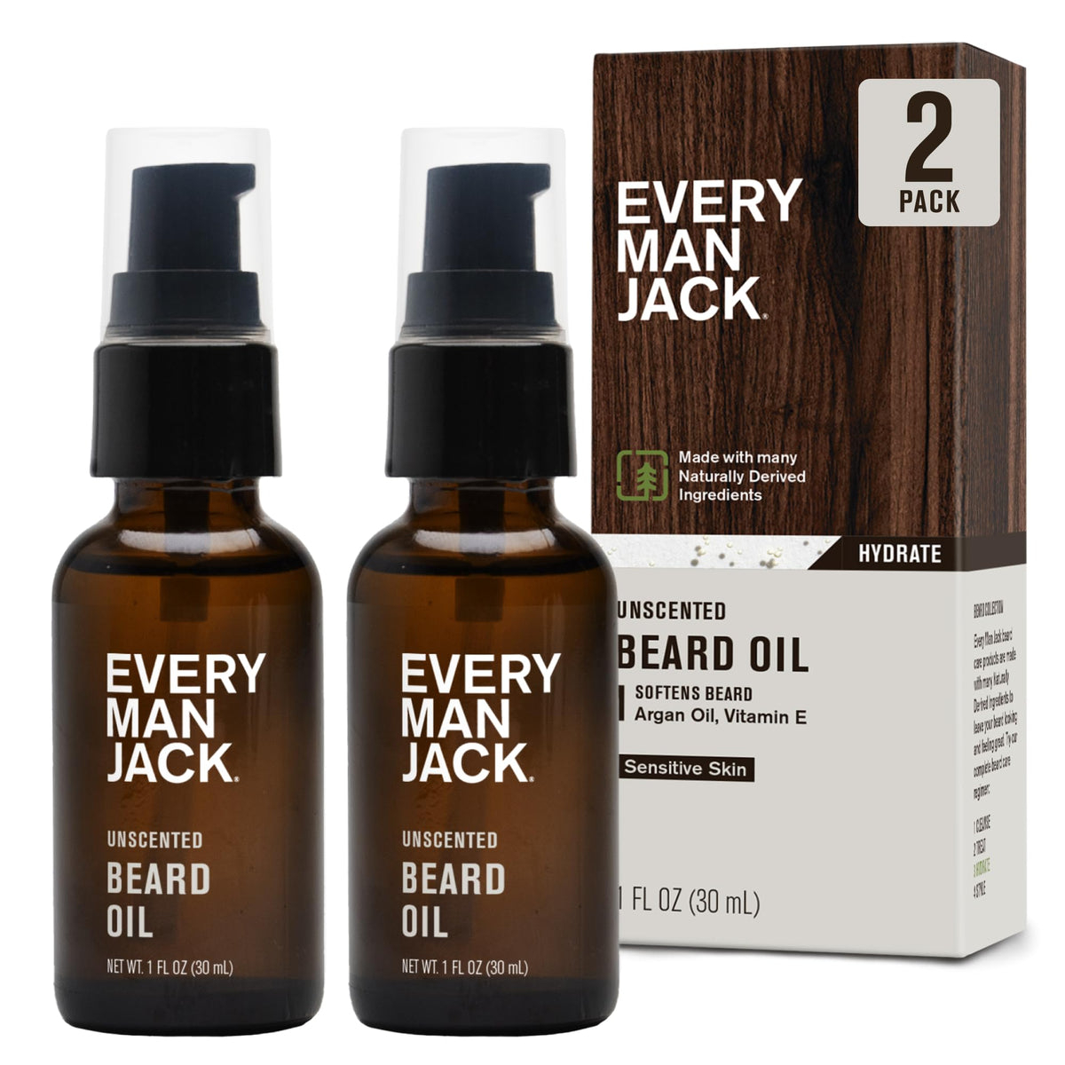 Every Man Jack front packaging showing two 1oz unscented beard oil bottles and clean design