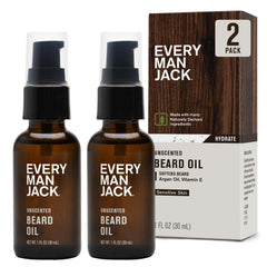 Every Man Jack front packaging showing two 1oz unscented beard oil bottles and clean design
