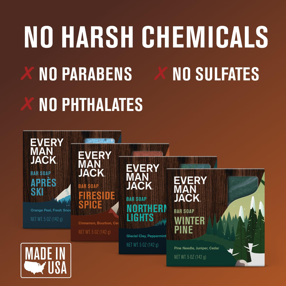 Every Man Jack Winter Pine bar label, evergreen scent for outdoorsy freshness