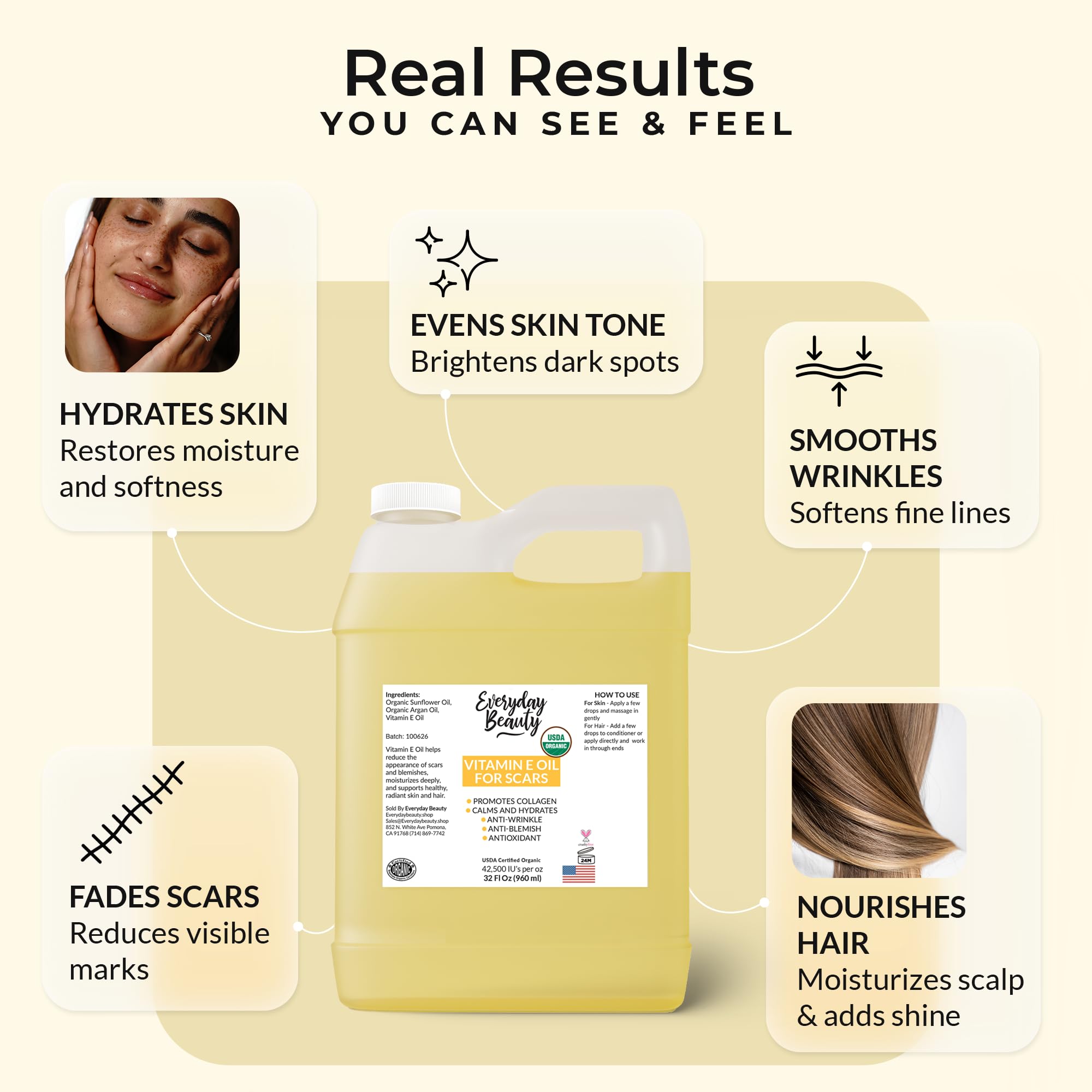 Everyday Beauty pouring oil onto hand to demonstrate easy application and hydration