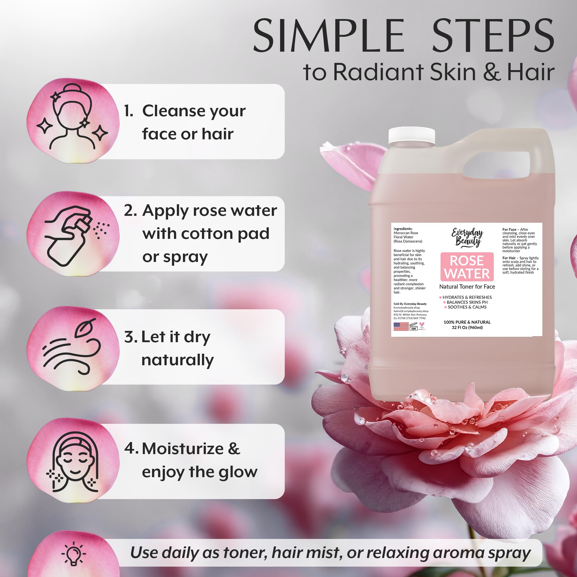 Everyday Beauty bottle on vanity in bathroom showing calming routine benefit