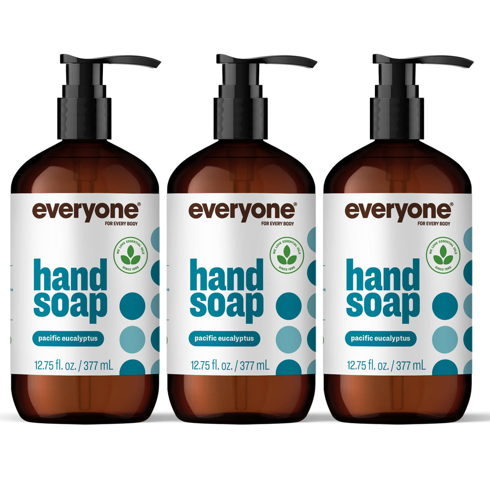 everyone front view of three Pacific Eucalyptus bottles showing packaging and scent benefit