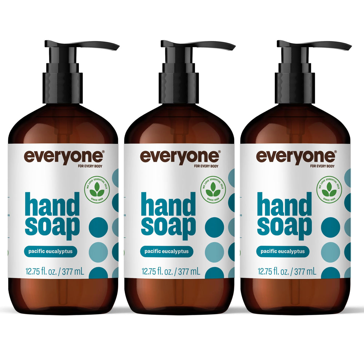everyone front view of three Pacific Eucalyptus bottles showing packaging and scent benefit