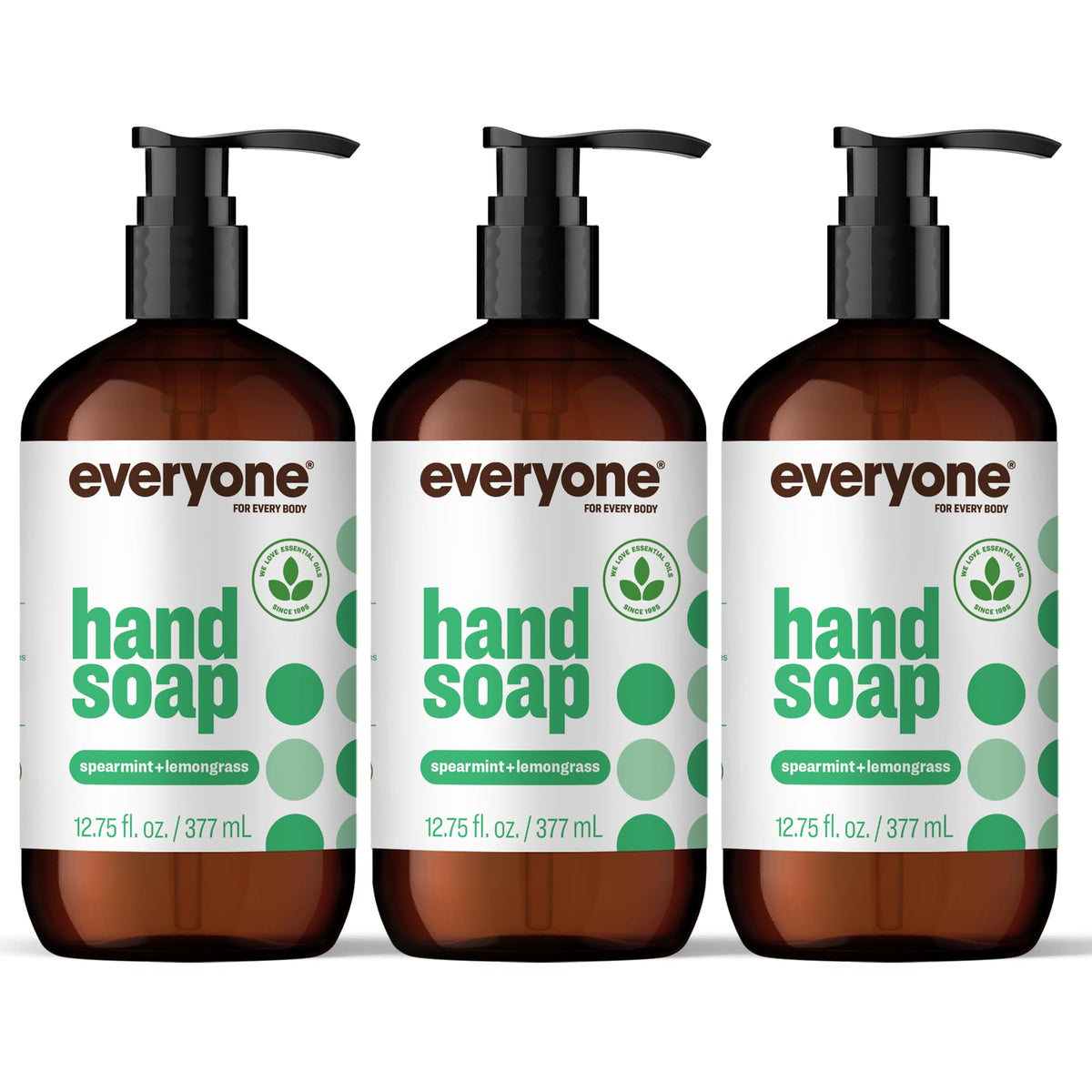 everyone front packaging showing three spearmint lemongrass bottles and recyclable label benefit