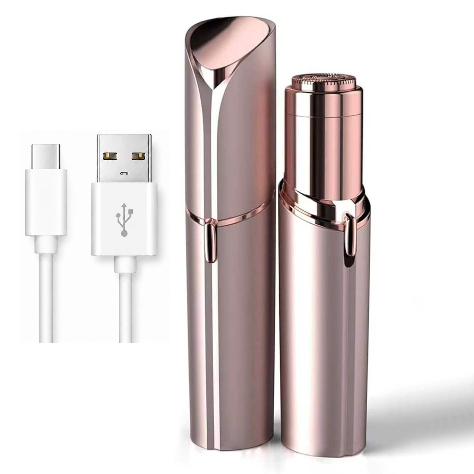 EVIEY front view rose gold shaver showing sleek design and portability benefit