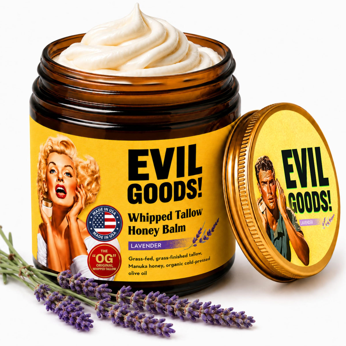 EVIL GOODS front jar shot showing lavender honey tallow, highlights natural hydration