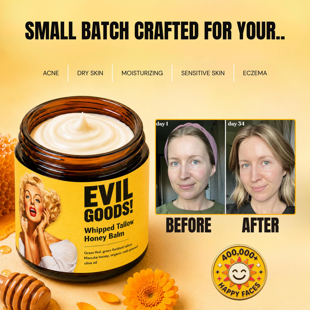 EVIL GOODS label detail highlighting ingredient list and natural focus
