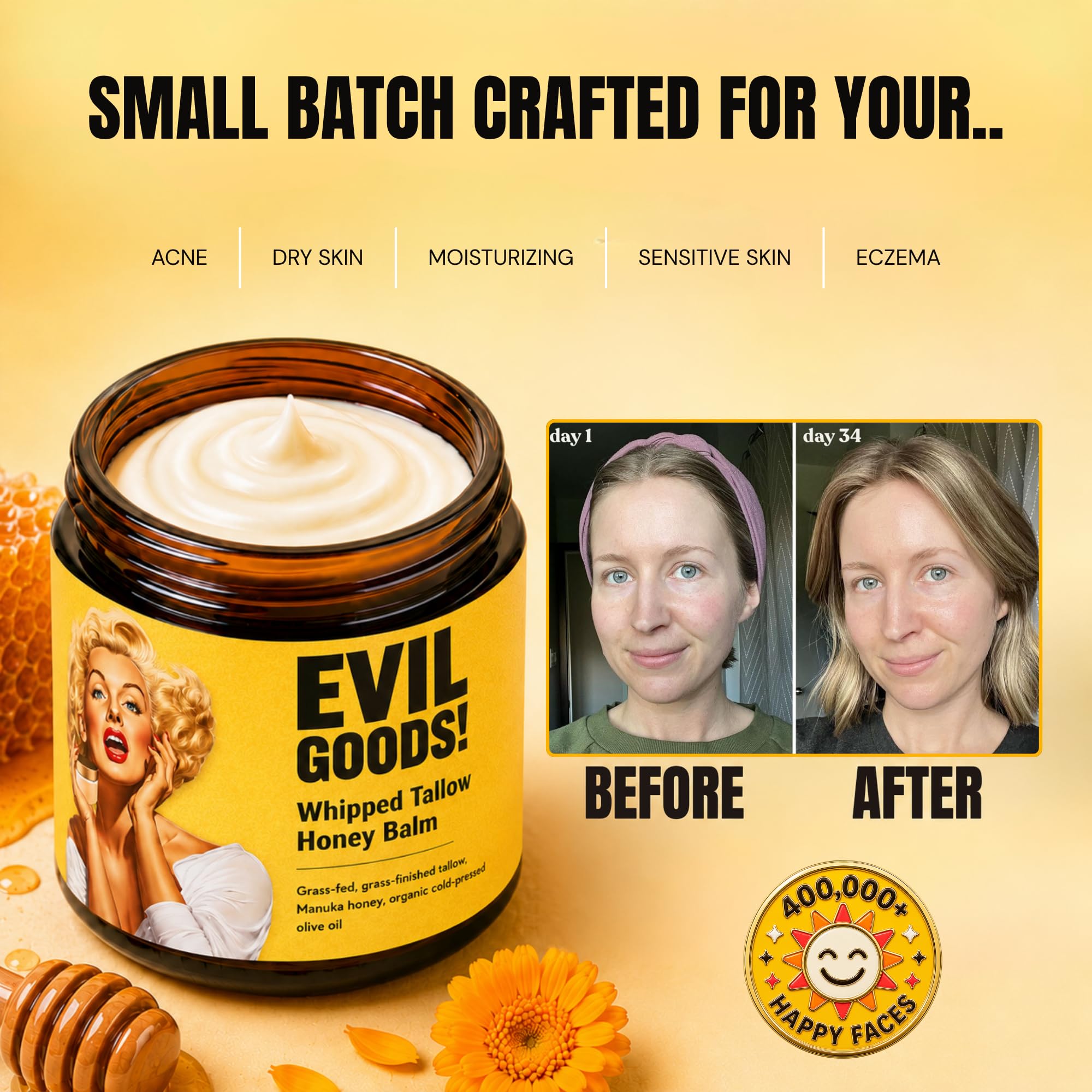 EVIL GOODS label and ingredients text, clarifies natural, preservative-free formulation