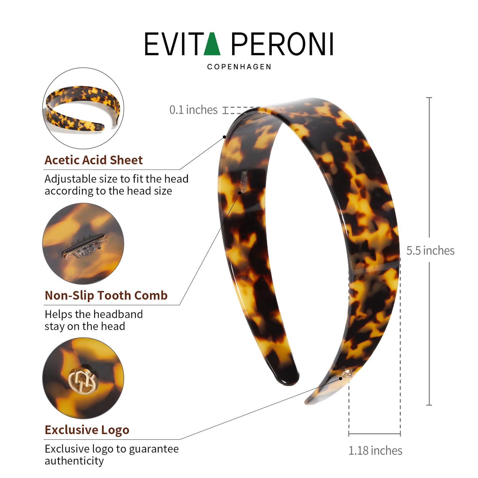EVITA PERONI headband beside a ruler illustrating exact size for easy fit assessment