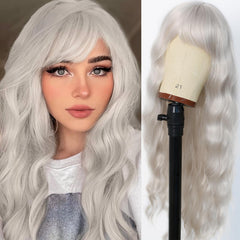 EVLYNN front view showing full silver wig and natural-looking waves benefit: instant style