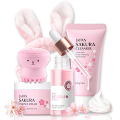 Evolvique front packaging showing complete sakura travel skincare set, great as a gift