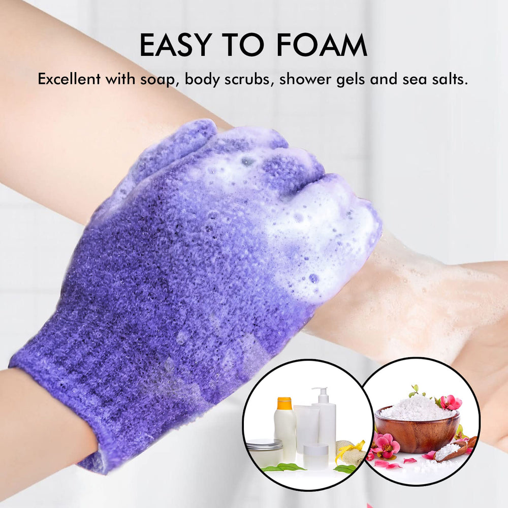 Evridwear glove in use under shower demonstrating gentle dead-skin removal