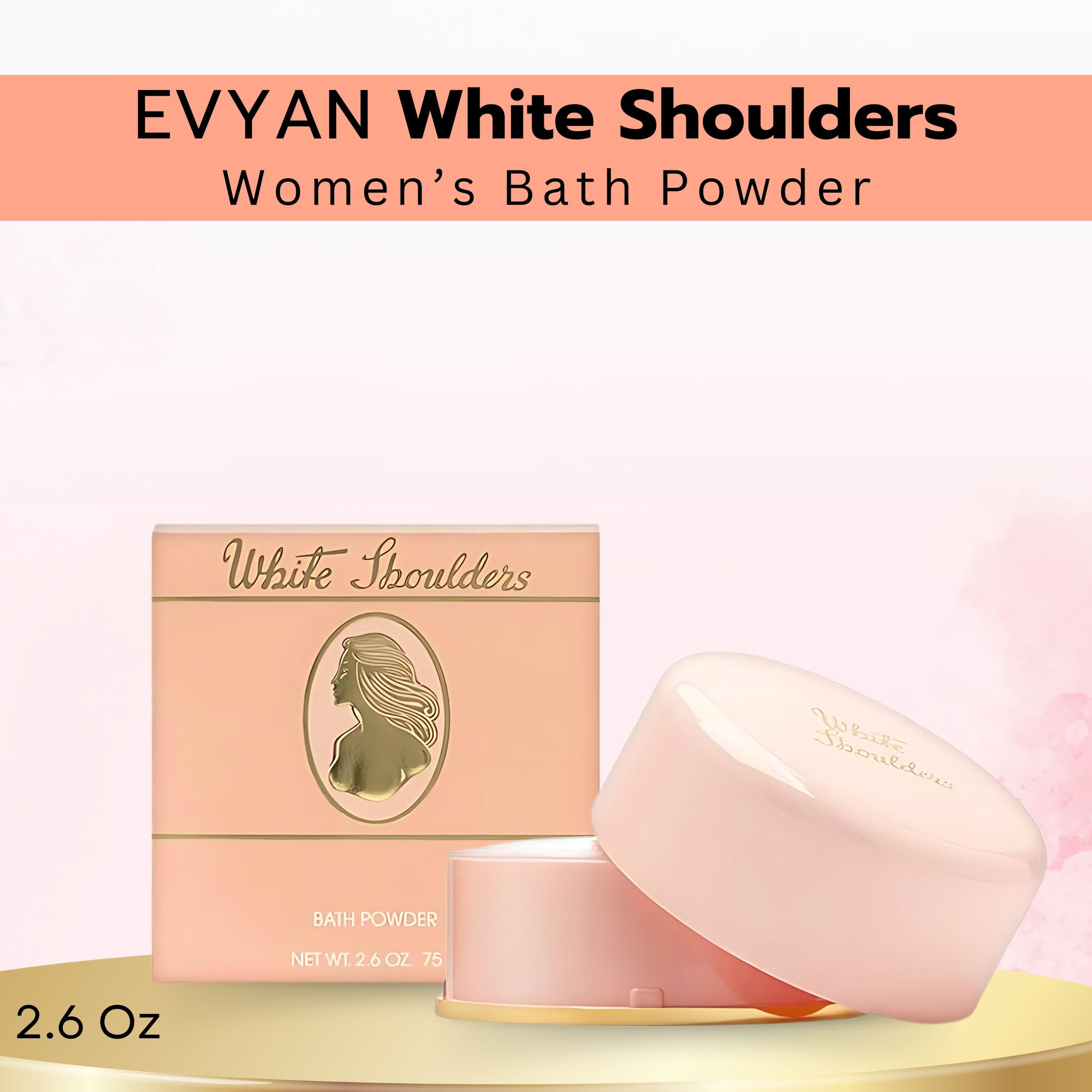 Evyan White Shoulders open container with puff for easy luxurious application benefit
