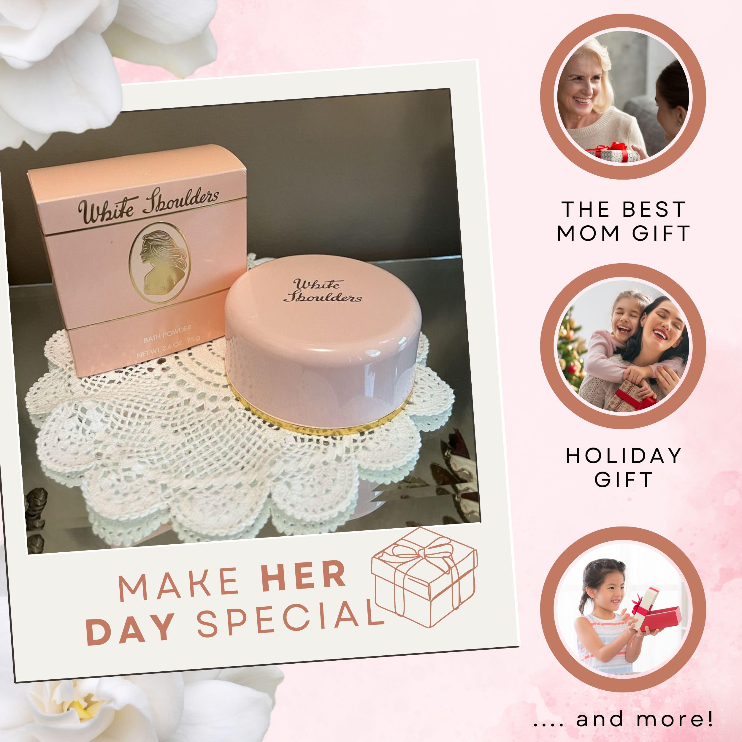 Evyan White Shoulders on vanity with other items presenting elegant gifting benefit