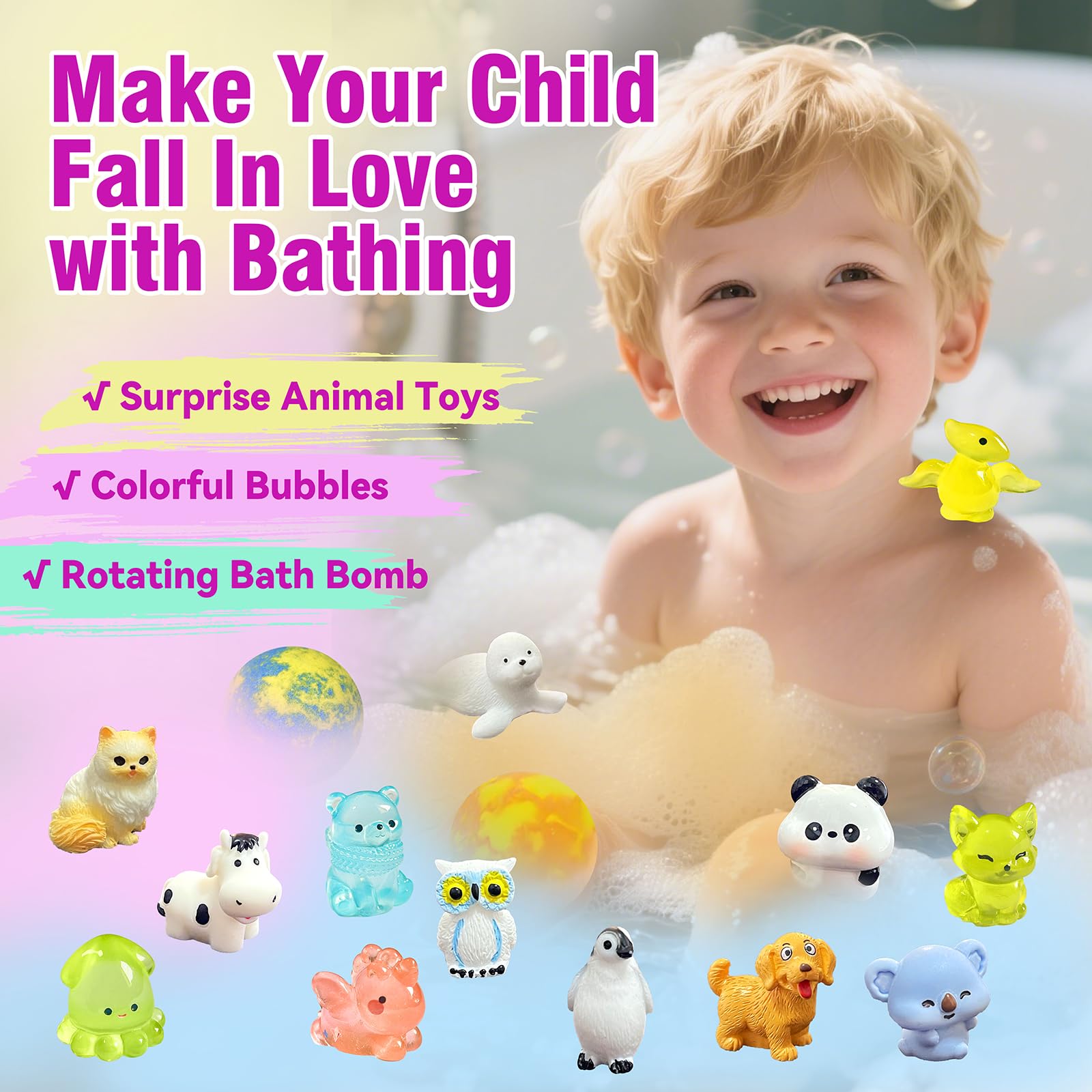 Excalla all 20 bath bombs and animal toys arranged for easy selection