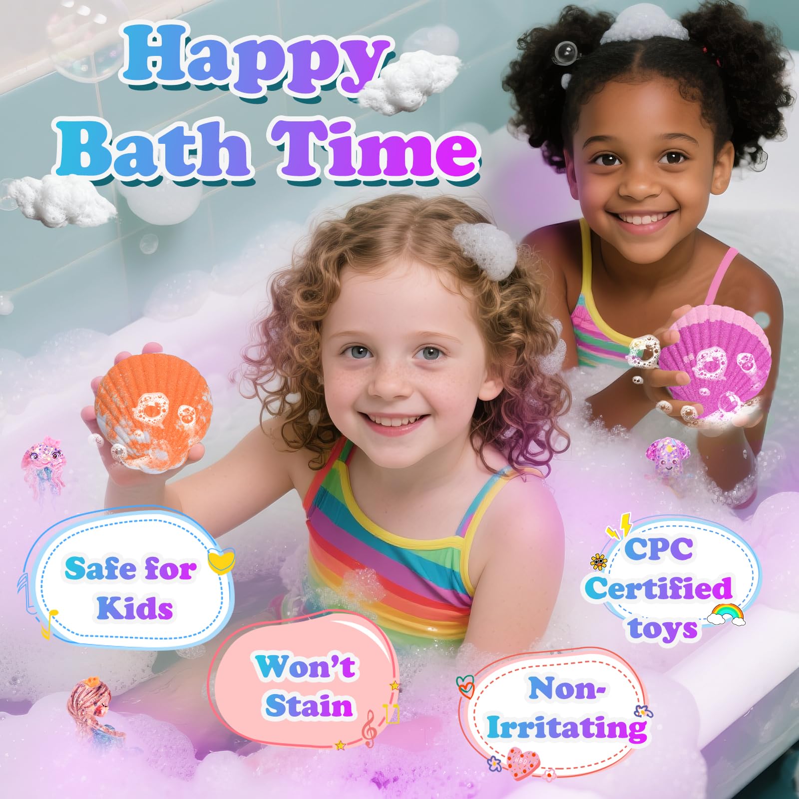 Excalla fizzing bath bomb in tub with colorful water, creating sensory bath fun