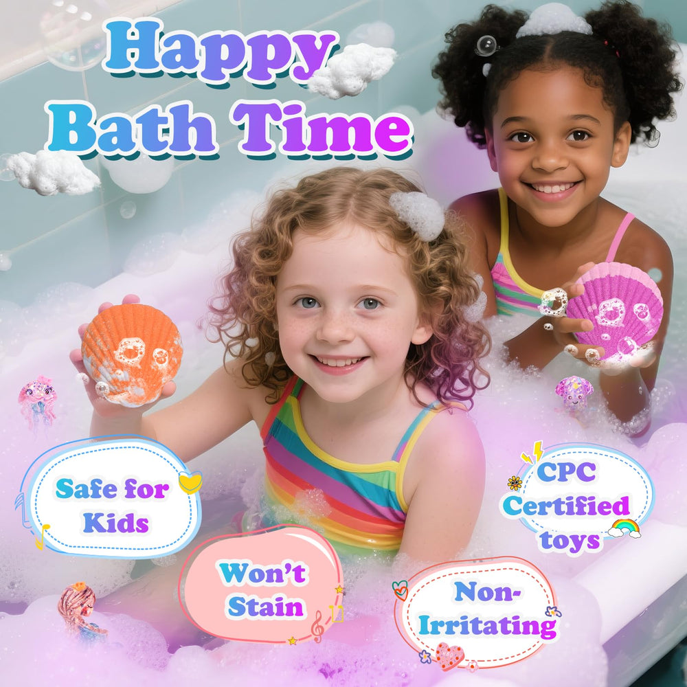 Excalla fizzing bath bomb in tub with colorful water, creating sensory bath fun