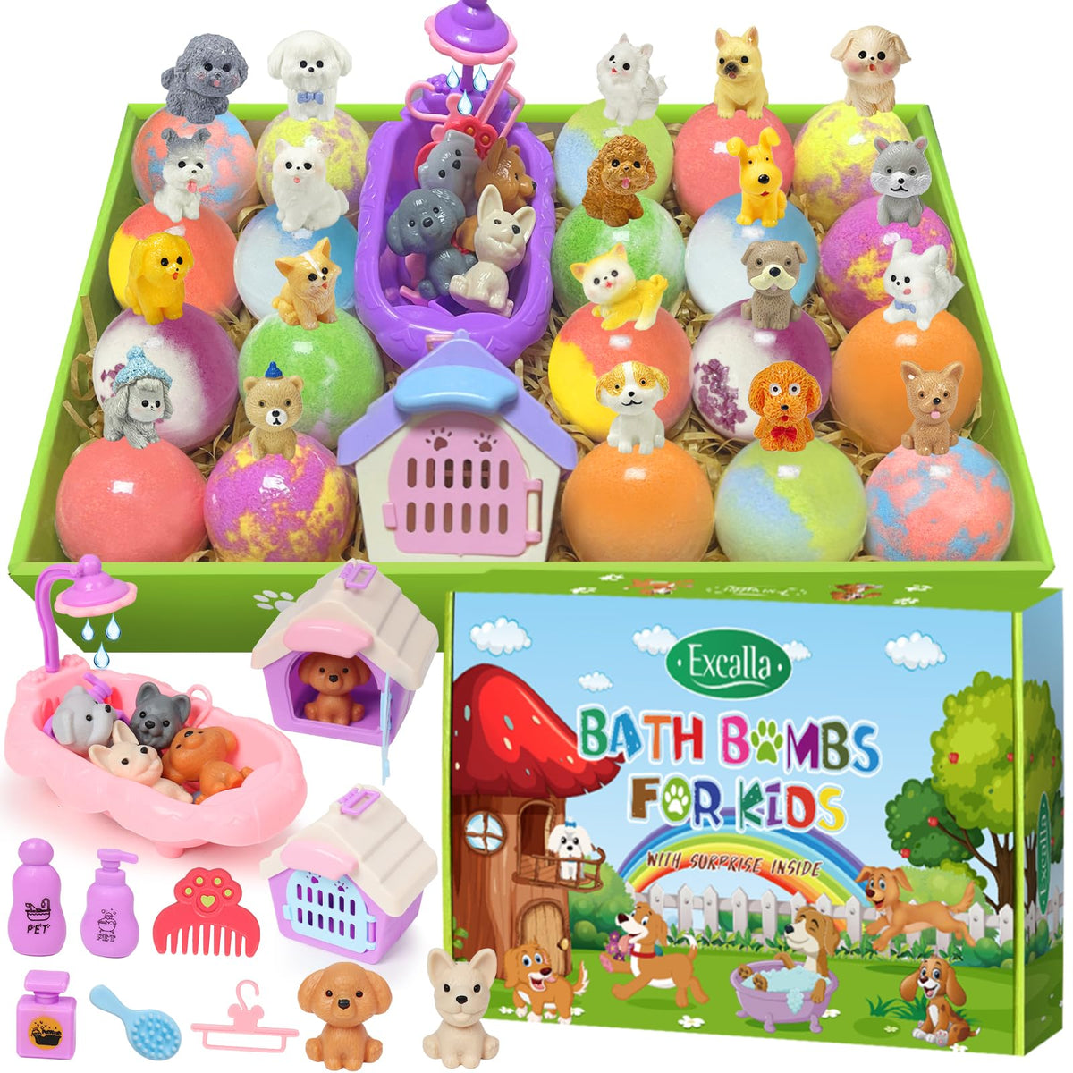 Excalla front packaging showing 20 bath bombs and playful puppy toys, great for gifting