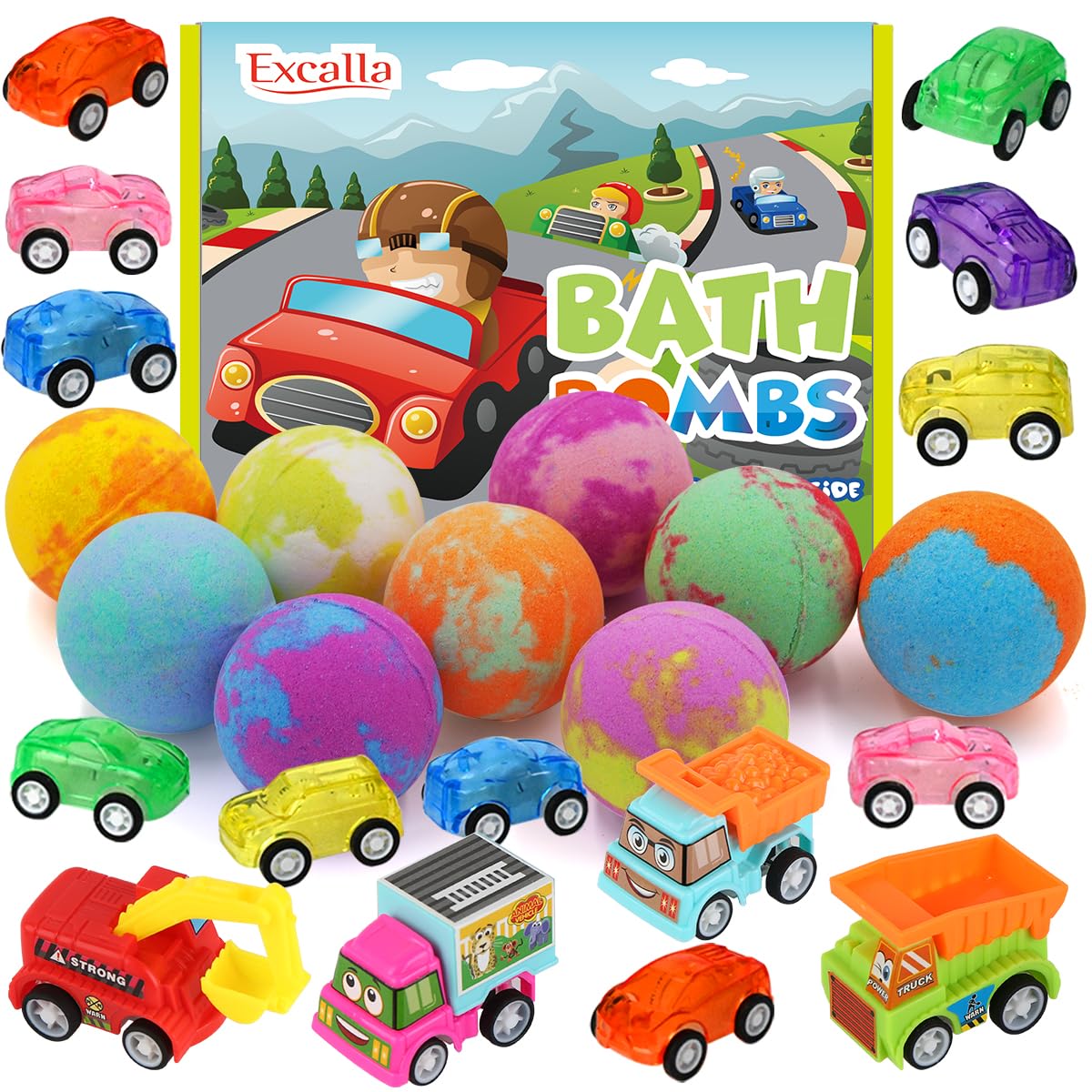 Excalla front packaging showing nine colorful bath bombs and included toy cars, appealing gift
