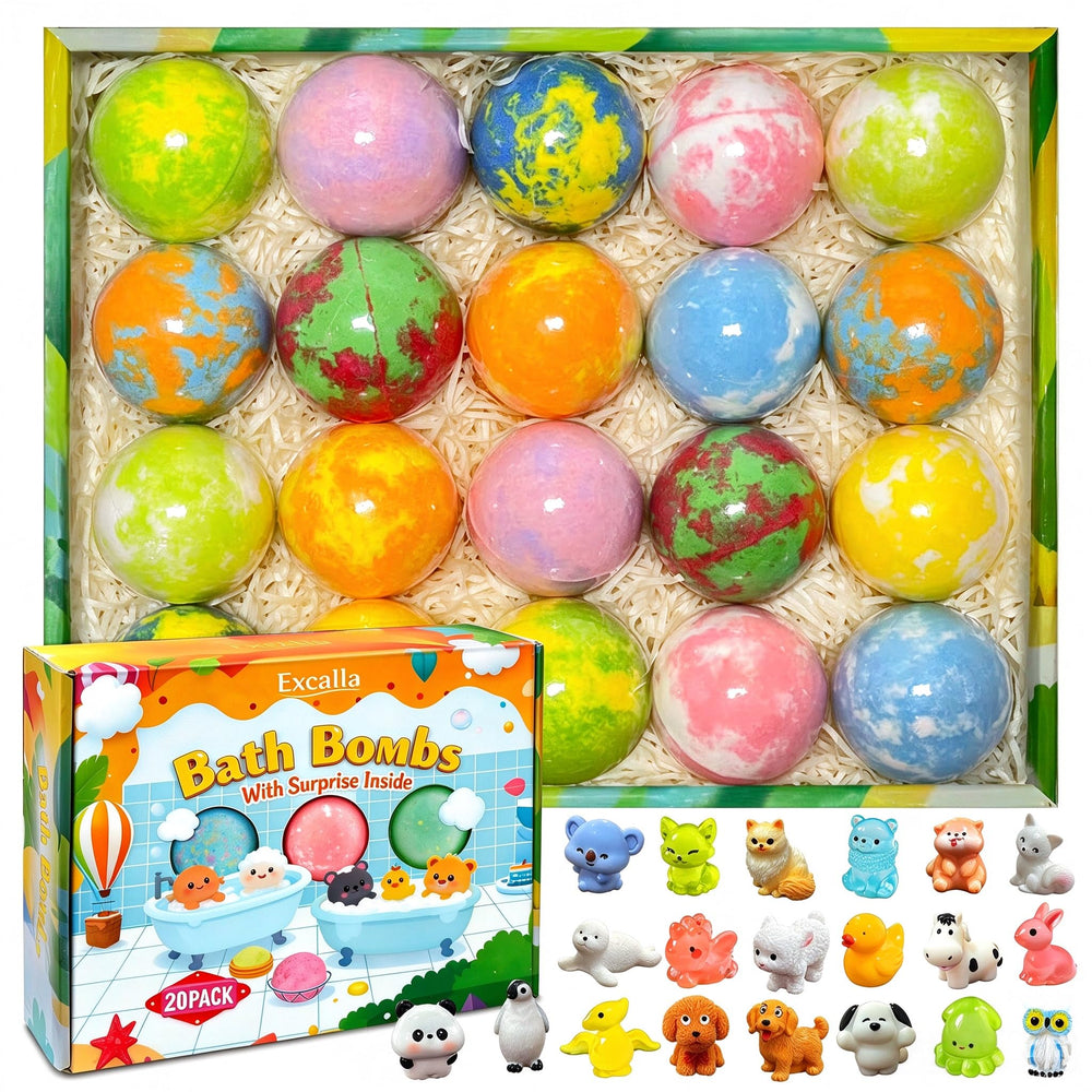 Excalla front packaging showing 20 bath bombs and gift-ready box benefits