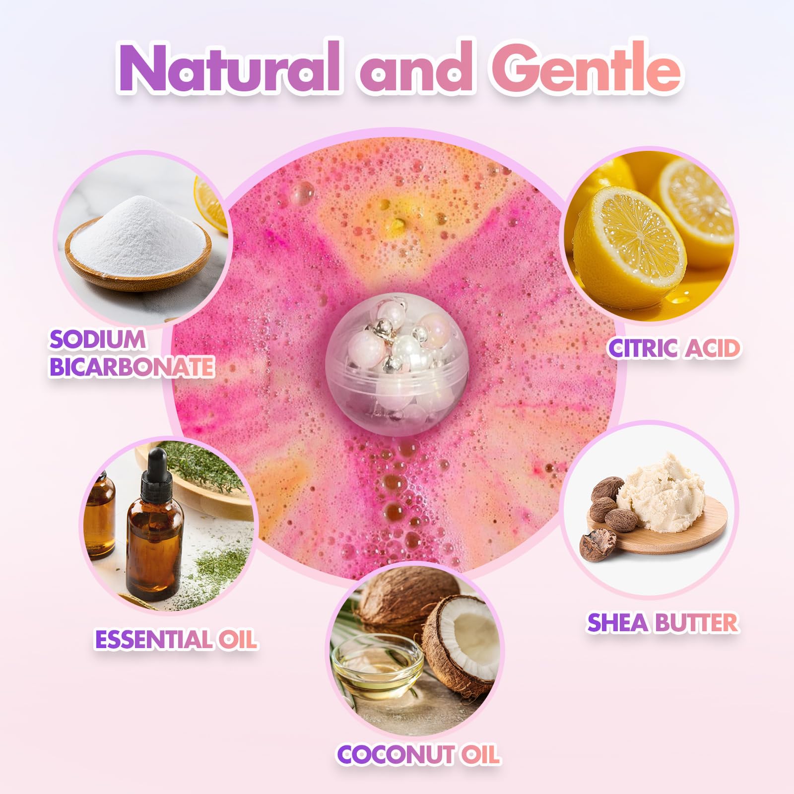 Excalla top view of six different colored bath bombs showing scent variety benefit: easy scent choice