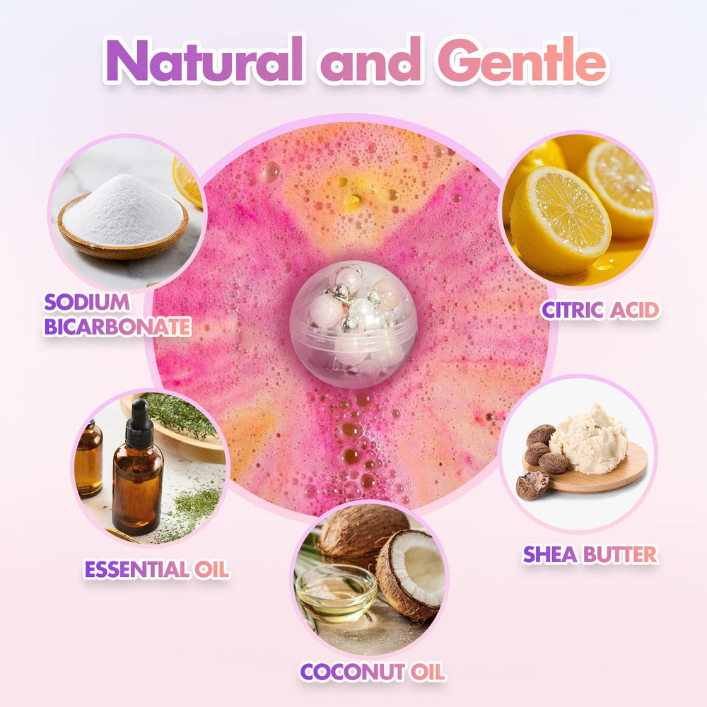 Excalla top view of six different colored bath bombs showing scent variety benefit: easy scent choice