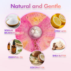 Excalla top view of six different colored bath bombs showing scent variety benefit: easy scent choice