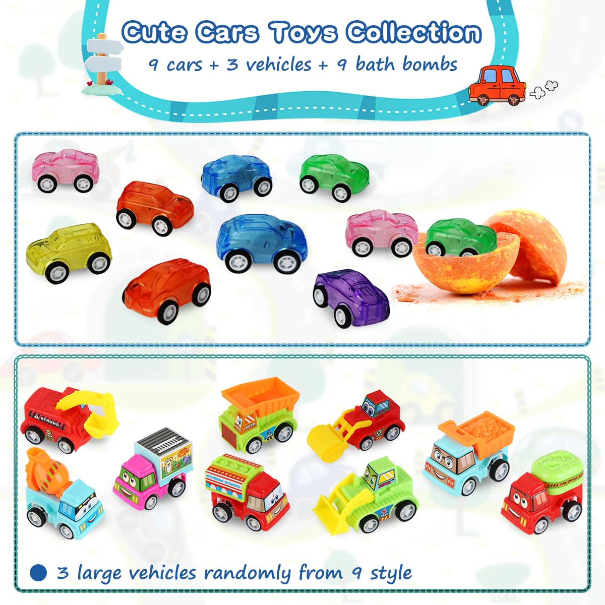 Excalla pull-back toy cars displayed outside bombs showing durable play-ready vehicles