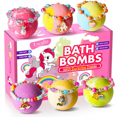 Excalla front packaging showing six unicorn bath bombs and gift-ready box benefit: clear product view