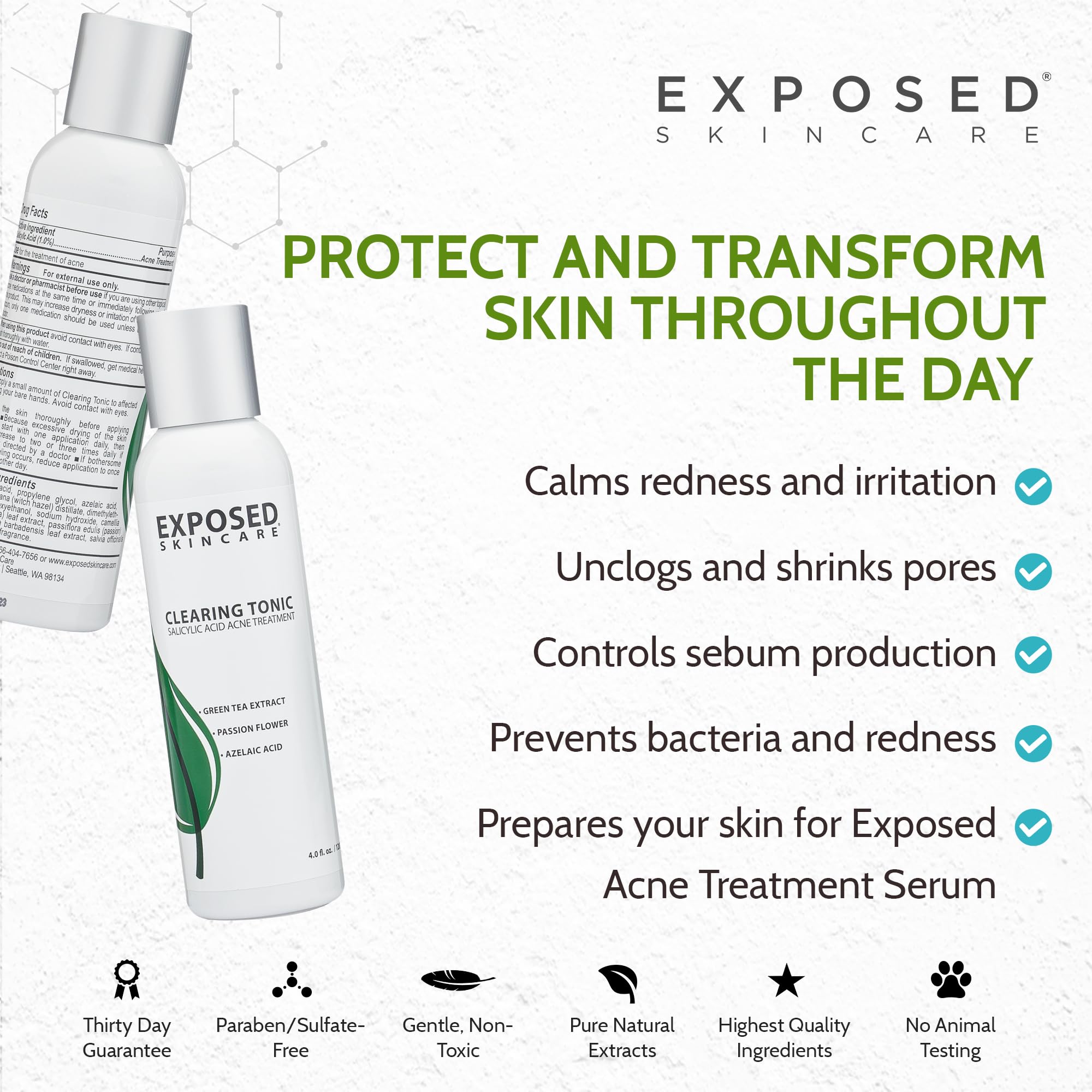 Toner next to a ruler showing Exposed Skin Care size for scale and travel-friendly benefit