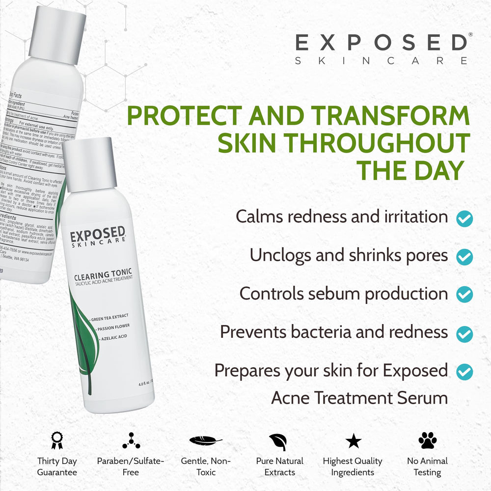 Toner next to a ruler showing Exposed Skin Care size for scale and travel-friendly benefit
