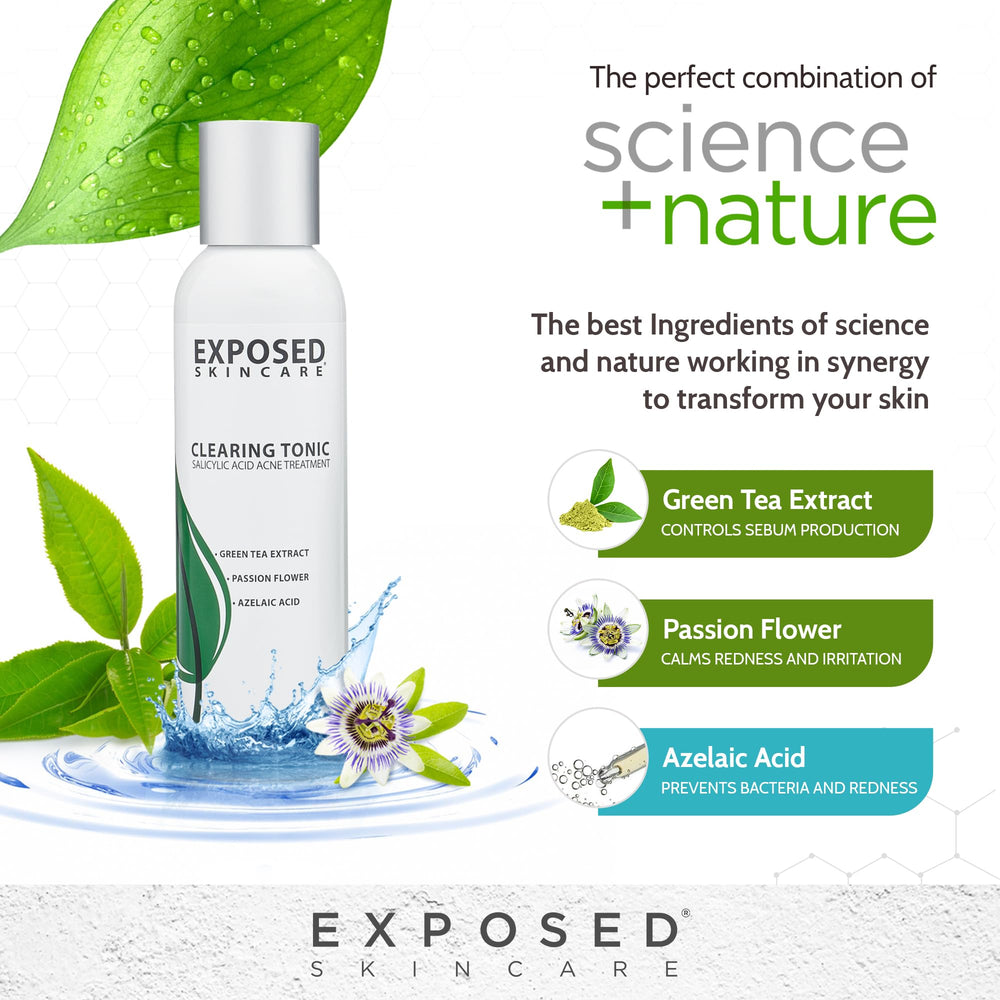 Clearing tonic paired with acne serum demonstrating Exposed Skin Care synergy for clearer skin