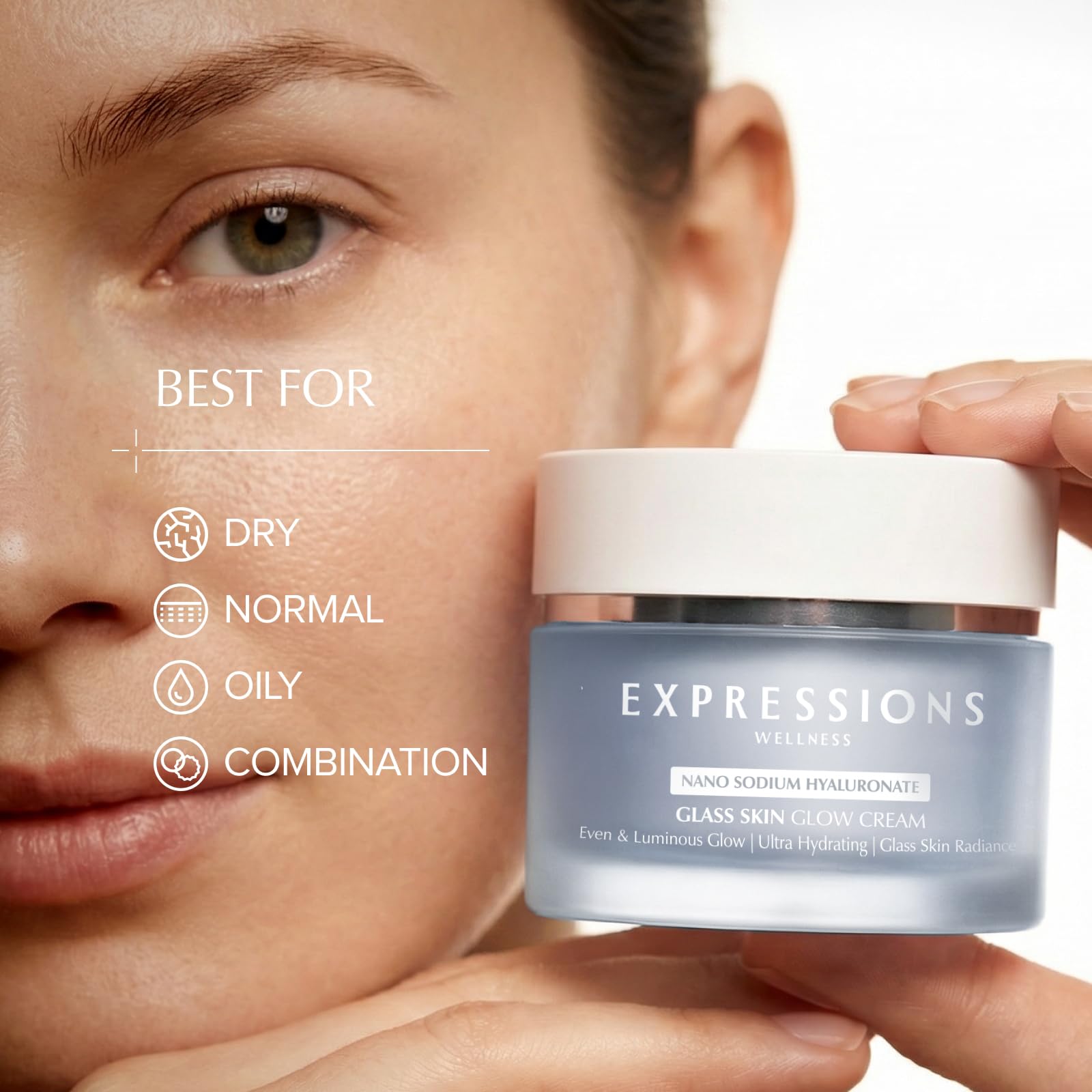 EXPRESSIONS WELLNESS label detail showing active ingredients for radiance and calm