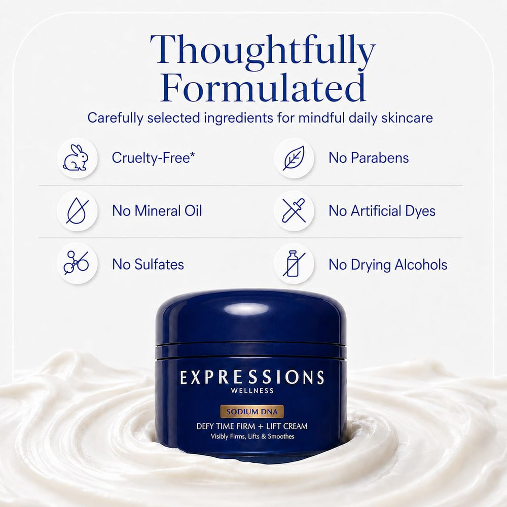 EXPRESSIONS WELLNESS jar on bathroom counter as AM routine visual convenience benefit