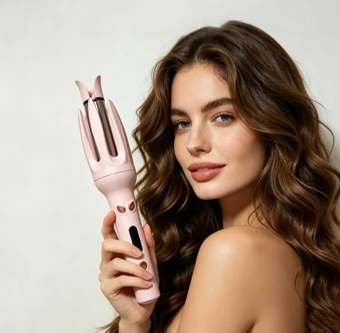 EYCOMTOM front view of automatic curler showing one-button operation and sleek design