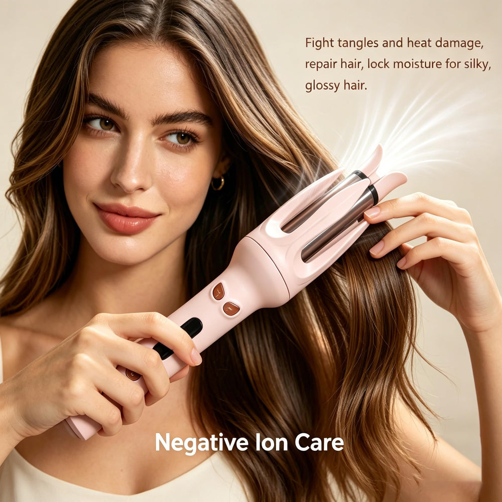 EYCOMTOM styled curls on model showing glossy, frizz-reduced finish