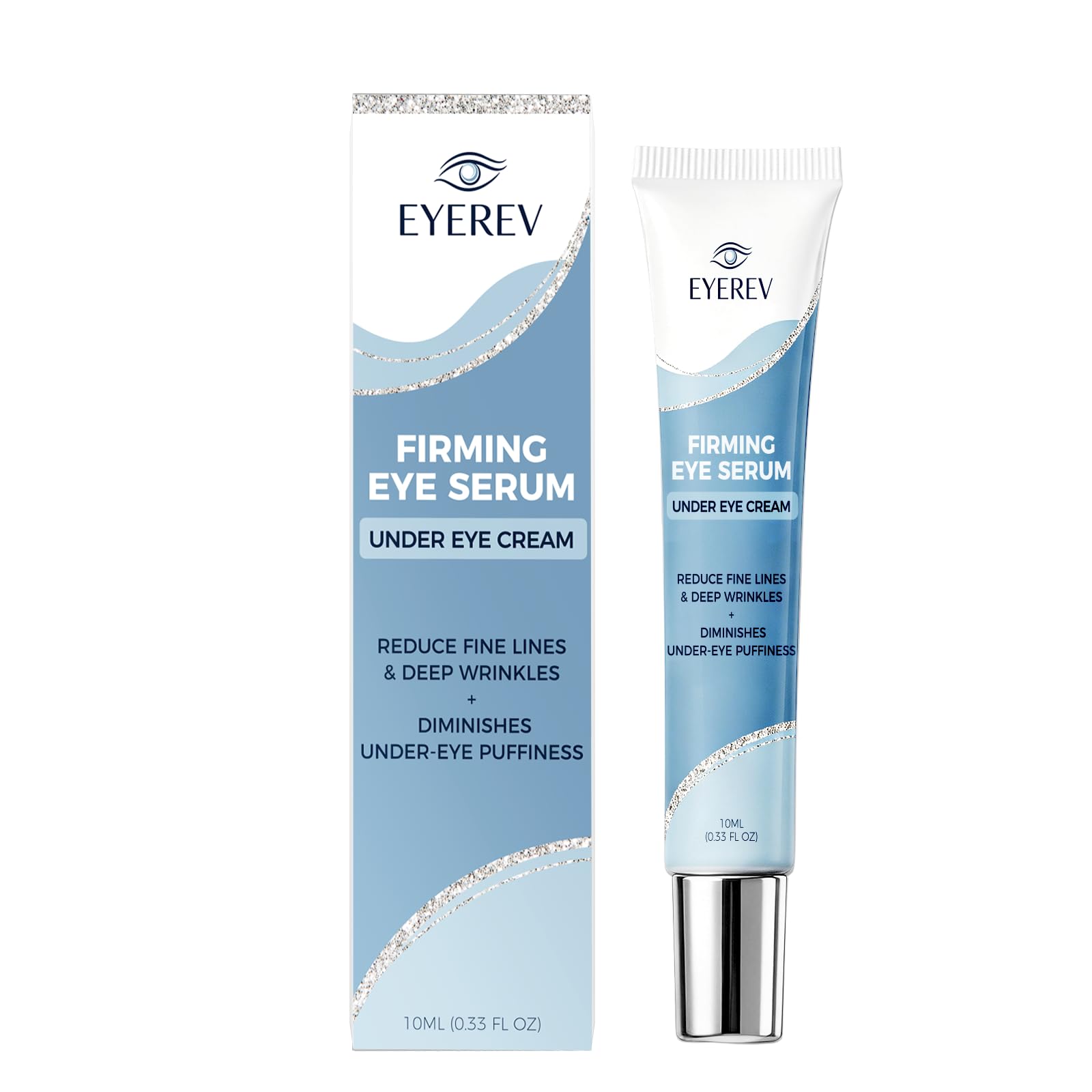 EYEREV bottle front view showing compact 10ml serum for visible under-eye improvement