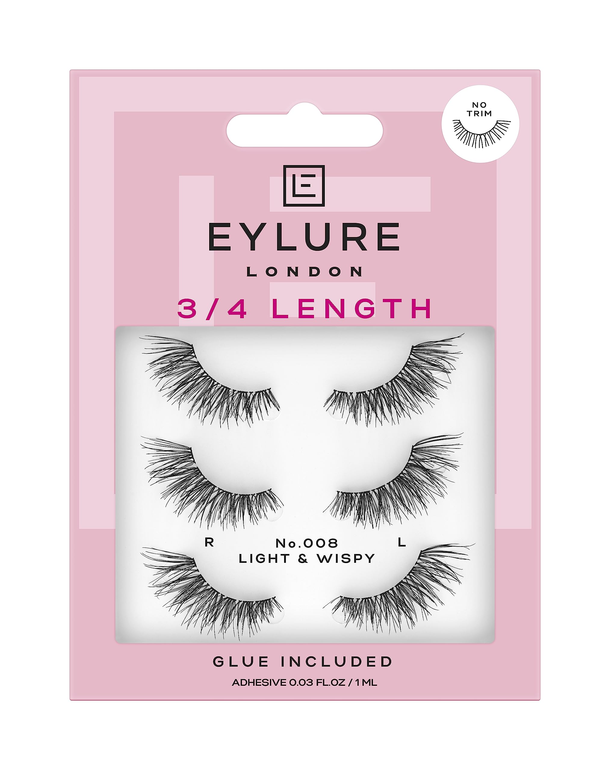 Eylure Fluttery Light 008 front packaging showing lashes and glue, easy selection benefit
