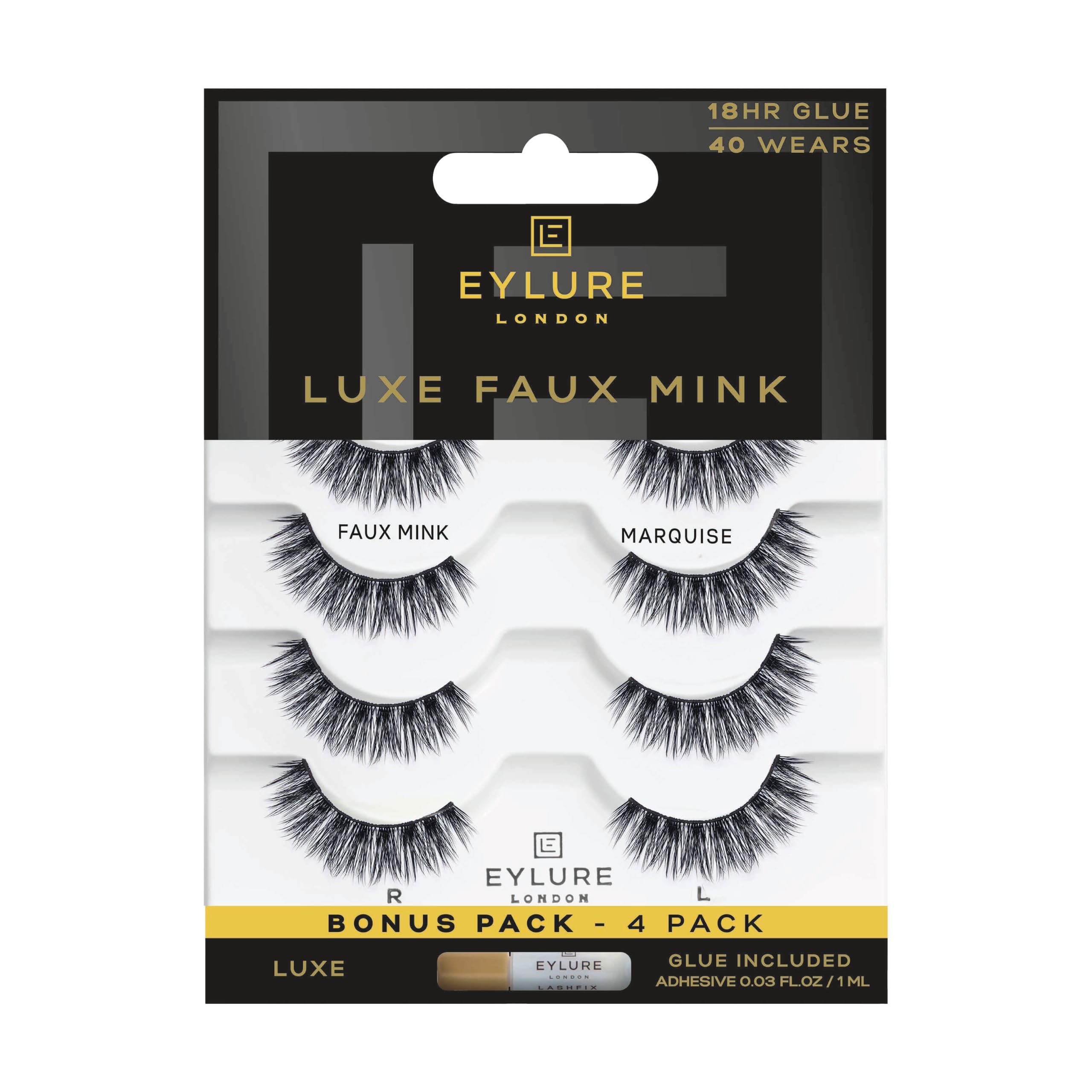 Eylure front packaging of Luxe Silk Marquise lashes shows kit and benefits