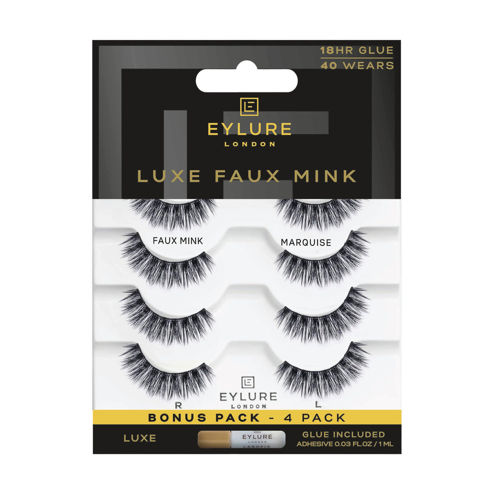 Eylure front packaging of Luxe Silk Marquise lashes shows kit and benefits