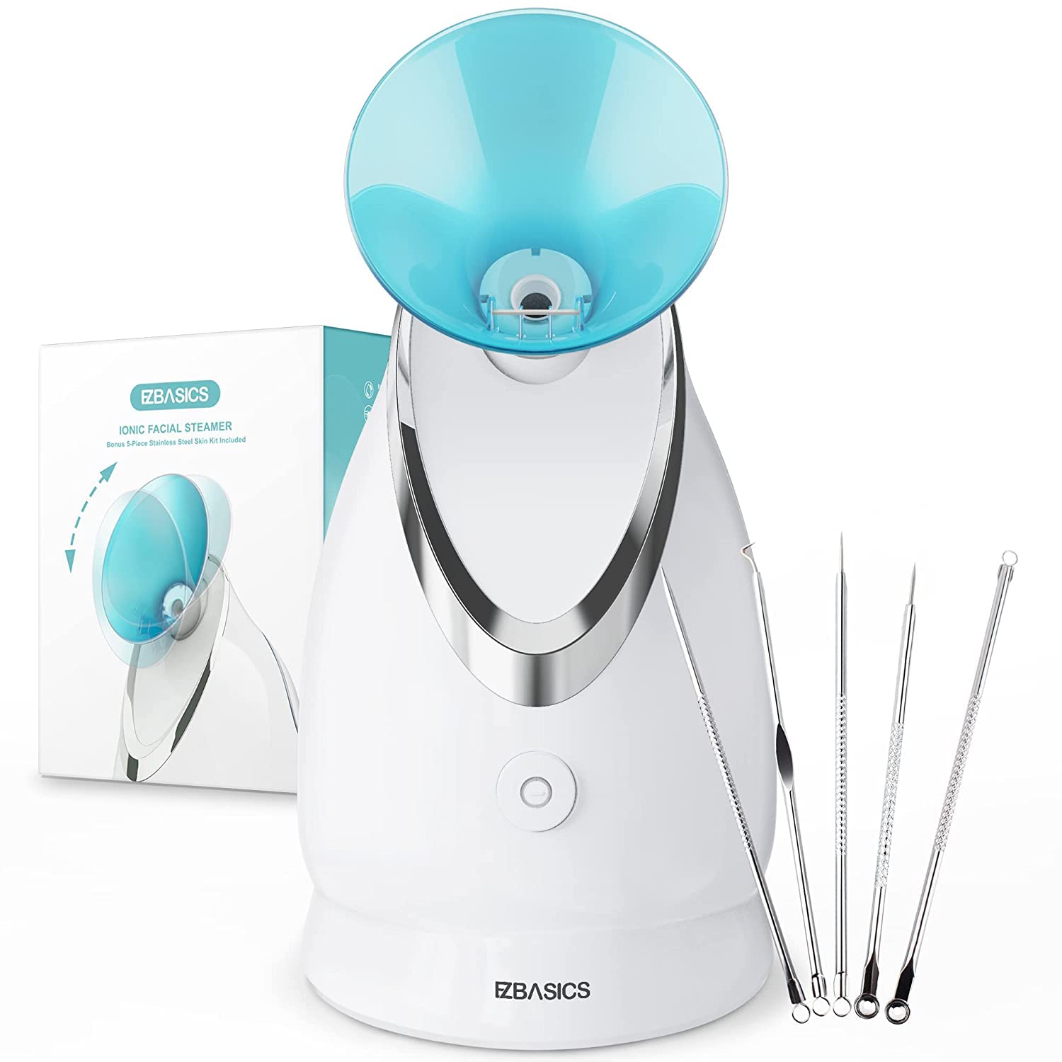 EZBASICS facial steamer front view showing blue housing and quick-start benefit